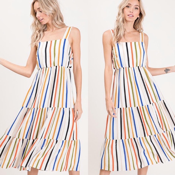 Ces Femme Dresses & Skirts - Ces Femme Multicolor Stripes Layered Ruffle Cami Midi Dress